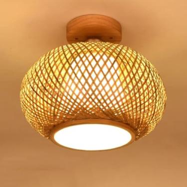 Imagem de Luz De Teto De Bambu Abajur De Vime De 1 Cabeça Luminárias De Vime Iluminação De Teto E27 Art Lantern Semi Flush Pingente De Luz Para Quarto Sala De Estar Corredor Restaurante Decorativo