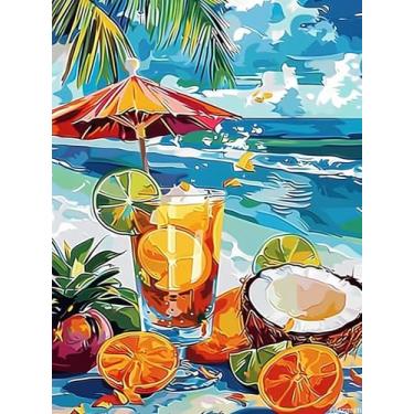 Imagem de Kits de pintura de diamante 5D DIY para adultos, coquetéis tropicais na praia, bebida, pintura de diamantes, kits de arte de pedras preciosas para presente, decoração de parede de casa, 30 x 40 cm
