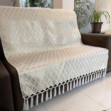 Imagem de Manta Para Sofá em Tecido Jacquard Luxo Geométrico Branco com Dourado 