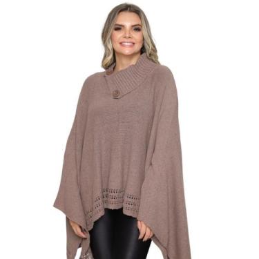 Imagem de Poncho Feminino Tricot Mousse Liso Gola Alta Casaco Lã Inverno - Rosil