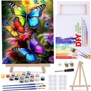 Imagem de MaiMMaledy Kit de pintura por números para adultos iniciantes com imagens em tela emoldurada, pintura de desenho, pigmento acrílico com cavalete de triângulo de madeira 20 x 30 cm borboleta colorida
