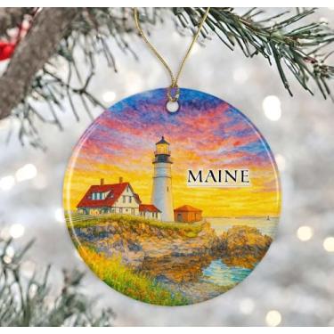 Imagem de Enfeite de aquarela Maine USA - Lembrança de Natal de cerâmica - Aniversário de lua de mel - Lembrança de viagem - Presente de inauguração de casa - Presente para amantes do Maine impresso em ambos os