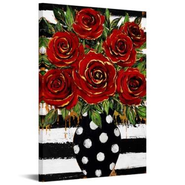 Imagem de KREATIVE ARTS Arte de parede em tela rosa vermelha pop art 61 x 91 cm pintura floral vertical moderna fundo listrado preto branco com bolinhas impressão botânica ousada para decoração de corredor de