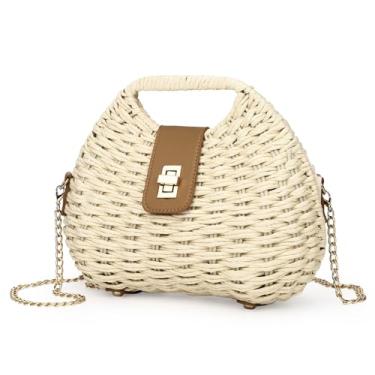 Imagem de Bolsas transversais femininas de palha, bolsas de palha de verão com corrente, bolsa de ombro de ombro feita à mão, Branco, Bolsa tiracolo Summer Beach Straw