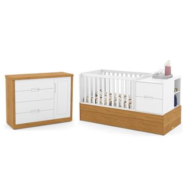 Imagem de Jogo de Quarto Infantil Tutto New Cômoda com Porta e Berço Multifuncional Formare - Matic Móveis Branco Soft/Freijó
