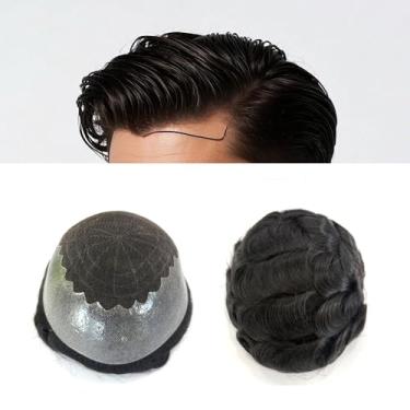 Imagem de Hywel Toupee para homens com cabelo 100% humano, peruca masculina de renda francesa com peruca traseira de poliuretano, sistema de substituição de peças de cabelo ondulado natural cor #1B Off Black (7
