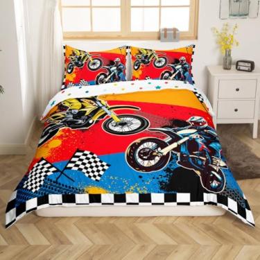 Imagem de Feelyou Jogo de cama para meninos, motocross, motociclista, xadrez, búfalo, preto e branco, capa de edredom com 2 fronhas, 3 peças, roupa de cama completa, sem edredom