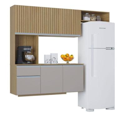 Imagem de Kit Cozinha Suspensa Mel Com Balcão 180cm Poquema Móveis Damasco / Ripado / Offwhite