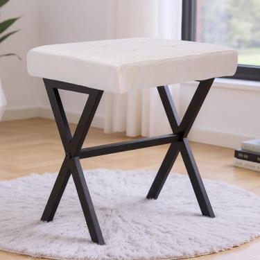 Imagem de Banqueta de maquiagem otomana de linho com pernas de metal, cadeira, pequeno descanso de pés acolchoado para sala de maquiagem, banheiro, entrada