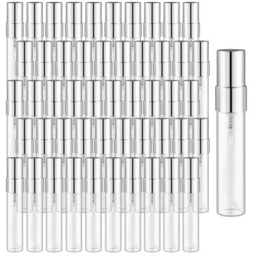 Imagem de 50 frascos de vidro de névoa fina de 5 ml, mini frascos transparentes de spray, vazios, recarregáveis, para perfume cosmético, amostra líquida, sprays DIY, Tampa prateada, 5ml/0.17oz