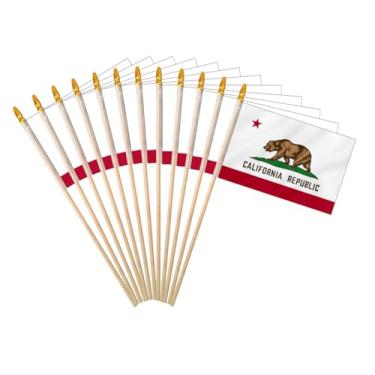 Imagem de California State Handheld Stick Flag 15 x 23 cm pacote com 12 mini bandeira CA em bastão de madeira para decoração de festa de eventos patrióticos (CA, 15 x 23 cm)