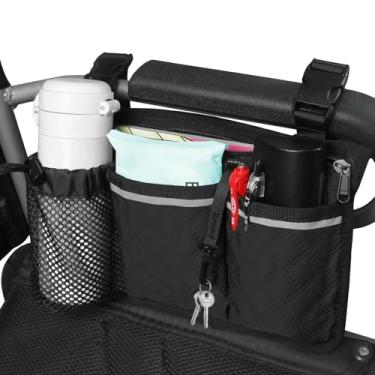 Imagem de SHIFANQI Bolsa para cadeira de rodas com suporte de copo, acessórios para cadeira de rodas, bolsa lateral para apoio de braço, bolsa com vários bolsos para cadeiras de rodas elétricas, andadores