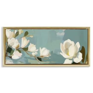 Imagem de Stupell Industries Arte de parede em tela flutuante dourada com flores de magnólia água-marinha por Elara Yasna, 35,5 x 78,9 cm