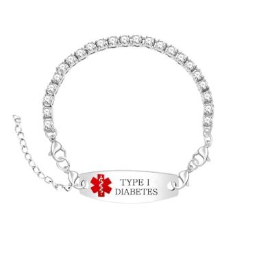 Imagem de Uloveido Pulseira de alerta médico gravada personalizada com zircônia cúbica corrente de tênis ajustável - Identificação de saúde personalizada - Joias de contato de emergência para mulheres, Medium