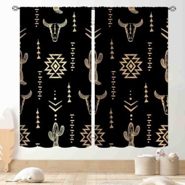 Imagem de Cortinas ocidentais para sala de estar, estampa de vaca retrô rústica, tribal, sudoeste, tribal, asteca, caveira, fazenda, país, blecaute, janela, tratamentos para quarto, banheiro, cozinha, 107 x 137