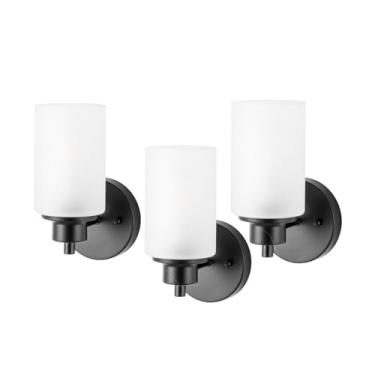 Imagem de WYNEYET Pacote com 3 arandelas de parede para casa de fazenda, luminárias pretas para banheiro com sombra de vidro fosco branco, lâmpada vintage moderna para banheiro, varanda, cozinha