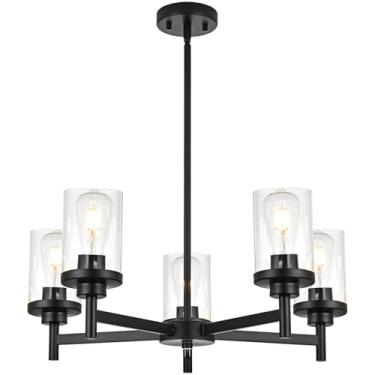 Imagem de QueeuQ Lustre moderno de casa de fazenda com 5 luzes para sala de jantar, luminária de teto preta para cozinha, lustres de cozinha pretos sobre a mesa para entrada no hall de entrada da ilha da