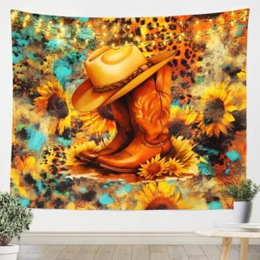 Imagem de jejeloiu Tapeçaria de decoração ocidental média 149.9 cm x 149.9 cm Cowboy Hat Boots Wall Blanket Southwest Native American Design Wall Hanging Boho Wall Art Teal Yellow Tapestries