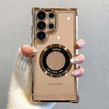 Imagem de HJZSZX Para Samsung S24Ultra Luxury Plating Magnetic Clear Case Capa de proteção de lente à prova de choque (para Samsung S24Ultra/dourado)