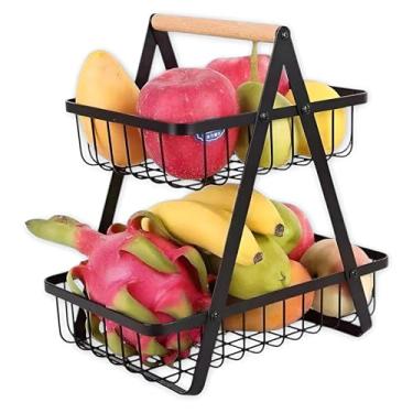 Imagem de Organizador de Mesa 2 Andares em Metal Preto Fosco com Alça em Madeira – Fruteira Multiuso Durável e Moderna