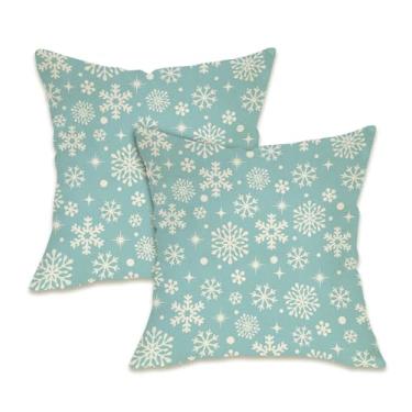 Imagem de Fahrendom Capas de almofada decorativas de inverno azul floco de neve 45,7 x 45,7 cm conjunto de 2, capa de almofada de sofá de Natal para área externa, decoração de casa