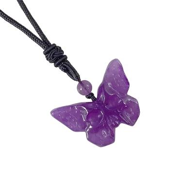 Imagem de RECKSI Colar com pingente de caveira de borboleta esculpida em pedra de cristal natural ajustável para mulheres, Pedra de cristal ametista, Pedra de cristal ametista