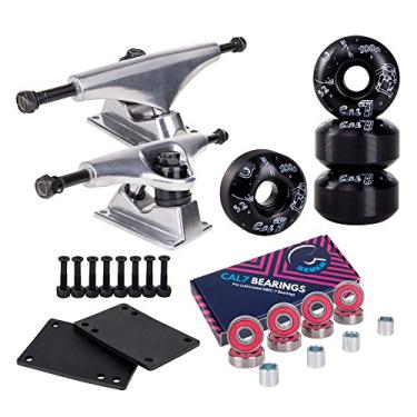 Imagem de Cal 7 Pacote de skate | Conjunto combo completo com caminhões de alumínio de 139 mm / 5,25 polegadas, rodas e rolamentos 99A de 52 mm (caminhão prata + rodas interestelares pretas)
