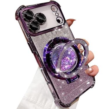 Imagem de Changjia Capa com suporte de glitter para iPhone Pro, linda luxuosa e brilhante, anel líquido com protetor de lente de câmera, revestimento de TPU (poliuretano termoplástico) à prova de choque, capa