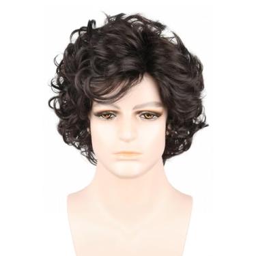 Imagem de LeMarnia Perucas masculinas de fantasia dos anos 70 para homens anos 80 apresentador de estrela de TV marrom curto encaracolado em camadas peruca de festa de Halloween