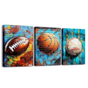 Imagem de Feelyou Arte de parede em tela de basquete futebol beisebol para sala de estar quarto grafite esportes imagem decoração de parede para banheiro hippie crianças meninos arte pôsteres amantes esportes