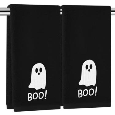 Imagem de JarThenaAMCS 2 peças de toalhas de mão de Halloween Ghost Boo bordado algodão toalha de banheiro toalhas de prato decorativas absorventes macias para secagem limpeza conjunto de cozinha