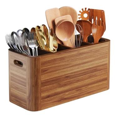 Imagem de Suporte de utensílios de cozinha de madeira de acácia com 4 compartimentos, grande suporte de talheres de madeira, bancada organizadora de utensílios para festa, espátula de cozinha, talheres, suporte