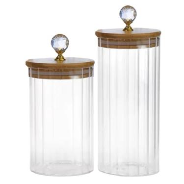 Imagem de Kit 3 Potes Herméticos CANELADO TRANSPARENTE CRISTAL Porta Condimentos Tampa Bambu Cozinha(2 Potes (M G))