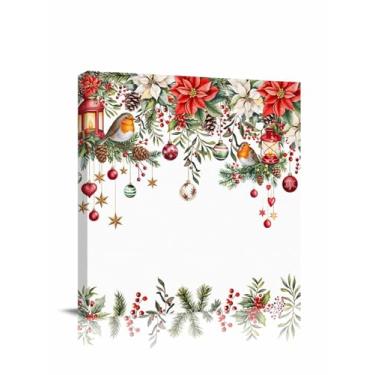 Imagem de Arte de parede em tela de bolas de Natal - Poinsétia de Natal, flores vermelhas, plantas verdes, folha, baga, pássaros, - decoração de parede moderna, impressão giclée, esticada e emoldurada pronta