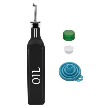Imagem de 1 garrafa dispensadora de azeitona de 500 ml, conjunto dispensador de óleo de vidro e vinagre de 500 ml com 1 dosador de aço inoxidável, frascos de funil para cozinha (óleo preto)