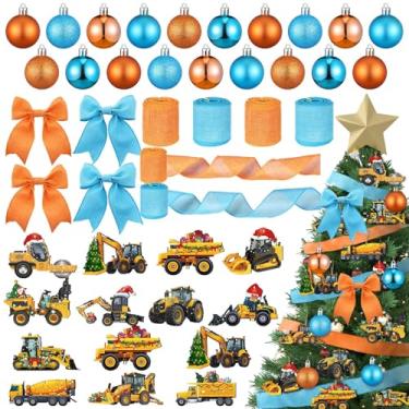 Imagem de Halloscume Conjunto de 64 peças de decorações de árvore de Natal, enfeites de caminhão de construção de madeira, bolas de plástico para pendurar laranja e azul, com fitas de borda com fio de