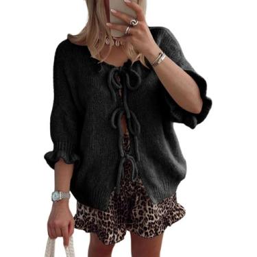 Imagem de Suéter feminino TIQOJE, manga 3/4, gravata frontal, preta