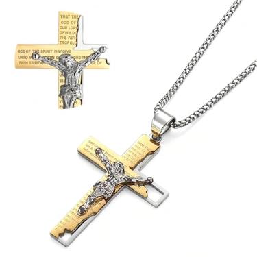 Imagem de Magitaco Colar de cruz para homens, pingente de oração bíblica, corrente de crucifixo de aço inoxidável, joia cristã católica bizantina, joia cristã u7 feminina, pingente de batismo de prata esterlina