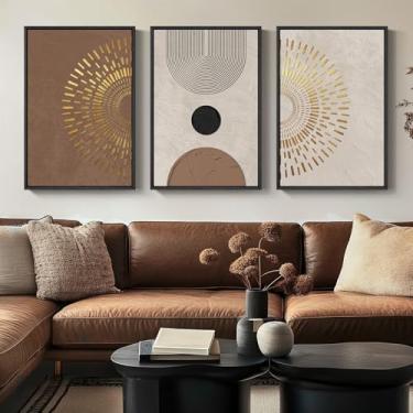 Imagem de Arte de parede abstrata neutra boho emoldurada grande, 3 peças, impressões em tela modernas, obras de arte para paredes, imagens geométricas minimalistas marrom bege dourado para sala de estar