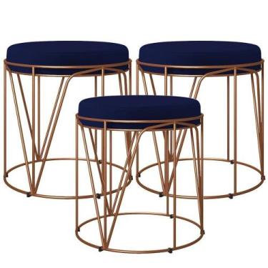 Imagem de Kit 03 Puffs Decorativo Aramado Bronze Zaya L02 Azul Marinho - LYAM DE