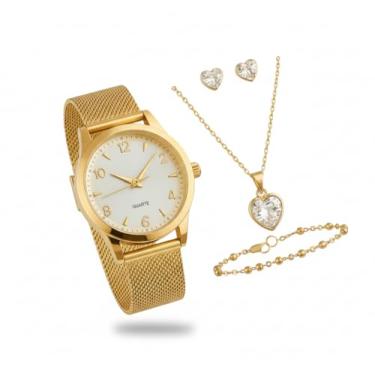 Imagem de Kit Relógio Feminino Dourado Prova D'água + Colar, Pulseira e Brincos Coração Banhado a Ouro