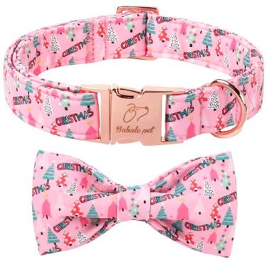 Imagem de Babole Pet Coleira de Natal para cães com gravata borboleta - Linda coleira de cachorro de Natal com estampa de árvore rosa, fivela de metal ajustável, coleira de inverno para cães pequenos, médios e
