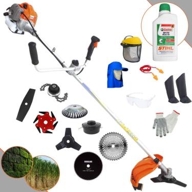 Imagem de Roçadeira Vulcan VP430P À Gasolina 43cc 1,7HP Alta Rotação Com Guidão Anti-Vibração Carretel de Nylon + Kit 7 Opções de Cortes + EPI + ÓLEO STIHL 2T