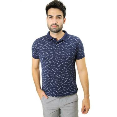 Imagem de Camiseta Masculina Gola Polo Azul Marinho Piquet Com Elastano Estampado Gaivotas