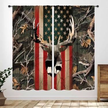 Imagem de Cortinas rústicas de cervo, vintage fazenda camuflada floresta vida selvagem caçador de alces camuflagem floresta bandeira americana estilo rural cortinas para quarto sala de estar cozinha janela 66