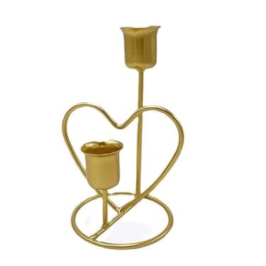 Imagem de Decoração de mesa Mini castiçal de ferro forjado metal em forma coração suporte vela decoração para jantar romântico festa aniversário casamento Centro de mesa decorativo(Gold)
