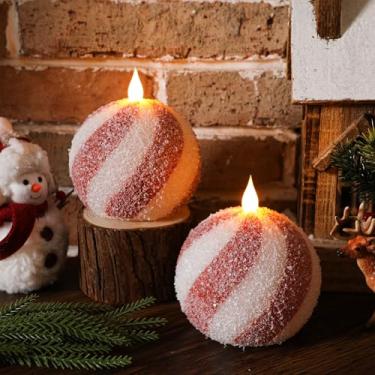 Imagem de Baquler 3 peças de bolas de doces de Natal cintilantes sem chama com chama em movimento 3D LED glitter bola de doces vermelha e branca velas operadas por bateria para presente de Natal, Natal, festa
