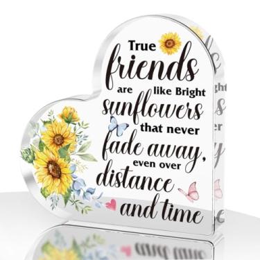 Imagem de Presentes de amizade para mulheres, decoração de escritório, decoração de mesa, presentes para melhor amigo, colega de trabalho, professor, girassol, borboleta, placa de acrílico em forma de coração
