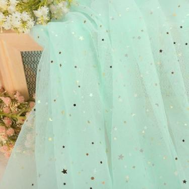 Imagem de HAVII 149,9 cm x 4 jardas verde menta glitter tule rolos estrela lua lantejoulas tule parafuso de tecido para fotografia adereços fundo tutu saia de mesa DIY costura artesanato decoração de festa de