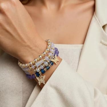 Imagem de Pulseira elástica Boho com contas coloridas empilháveis de contas de cristal modernas bijuterias presentes para mulheres, 4Pcs, Acrílico, Sem Pedra Preciosa